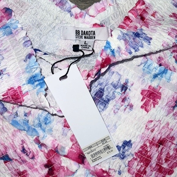 BB Dakota Off the Shoulder Top Large Smocked Blouson Sleeve Floral Boho Spring - Picture 5 of 11